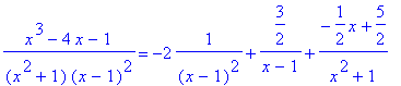 (x^3-4*x-1)/(x^2+1)/(x-1)^2 = -2*1/((x-1)^2)+3/2/(x...